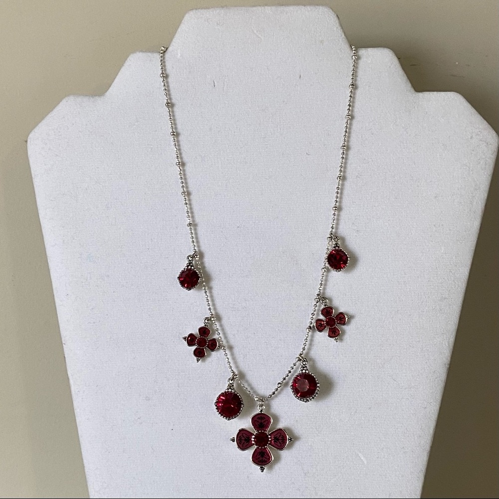 Pilgrim Danish designed red crystal enamel flowers silver plated necklace. Used